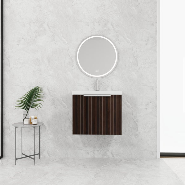 English Elm 24 Inch Silver-Brown Stripe Wall-Mounted Vanity with Resin Sink, Soft-Close Doors & Ample Storage W999P204936