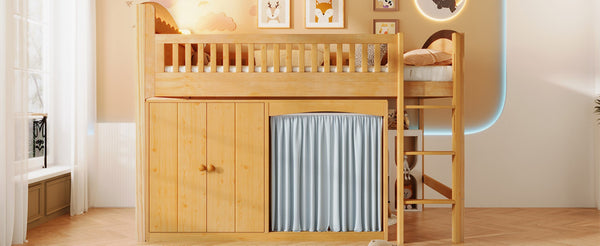 English Elm Twin Loft Bed with Wardrobe Cabinet Led Lighting and Pine Frame for Kids Rooms Wood N7090002235M