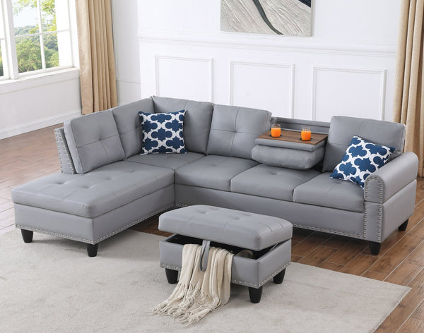 English Elm Black Faux Leather Sectional Sofa with Cup Holders Storage Ottoman and Nailhead Trim Gray B2730S00021