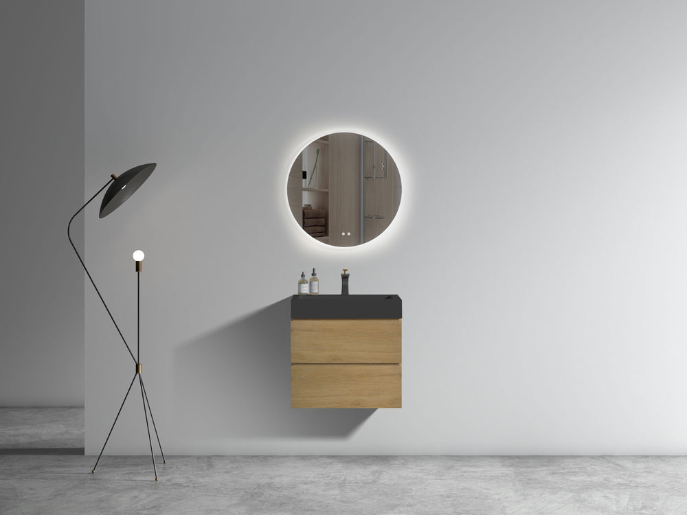 English Elm U090-Alice24W-106 Natural Oak 24" Wall-Mounted Bathroom Vanity with Black One-Piece Basin, Soft-Close Drawers, Eco-Friendly Construction W1865S00043