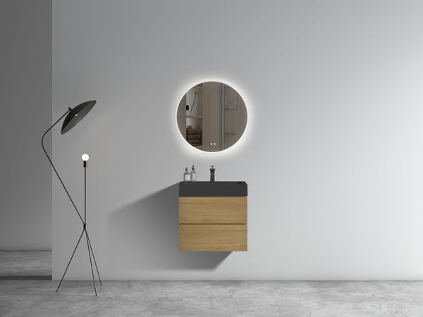 English Elm U090-Alice24W-106 Natural Oak 24" Wall-Mounted Bathroom Vanity with Black One-Piece Basin, Soft-Close Drawers, Eco-Friendly Construction W1865S00043