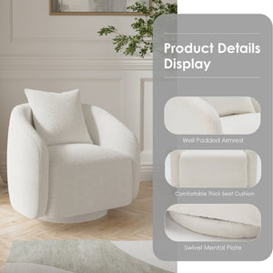 English Elm Swivel Barrel Armchair in Teddy Fabric with Lumbar Pillow and Solid Wood Legs White T3623P430697