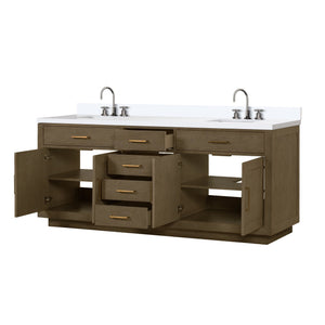 English Elm Grey Oak Double Bath Vanity 84"W x 22"D with White Quartz Top, Chrome Gooseneck Faucets, Soft-Close Drawers B2731P257870