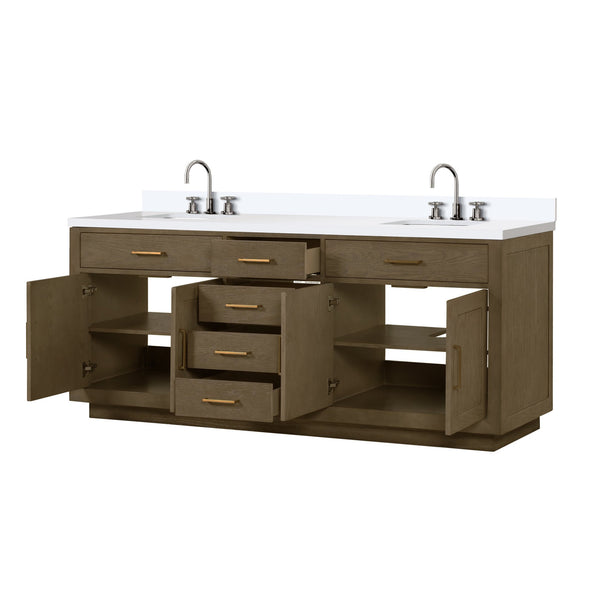 English Elm Grey Oak Double Bath Vanity 84"W x 22"D with White Quartz Top, Chrome Gooseneck Faucets, Soft-Close Drawers B2731P257870