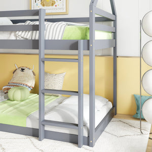 English Elm Twin Rubber Wood Floor Bunk Bed House-Shaped Design with Ladder Guardrails Sturdy Low-Profile Retreat Grey W504P206863
