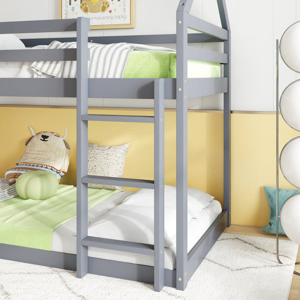 English Elm Twin Rubber Wood Floor Bunk Bed House-Shaped Design with Ladder Guardrails Sturdy Low-Profile Retreat Grey W504P206863