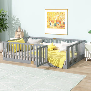 English Elm Twin Floor Bed Solid Rubber Wood with Tall Safety Railings for Toddler Sleep Grey W504P287657