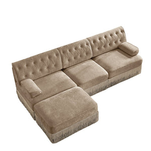 English Elm 3-seater Velvet Modular Sectional Sofa with Button Tufting Tassel Skirt Living Room Camel W714S01697