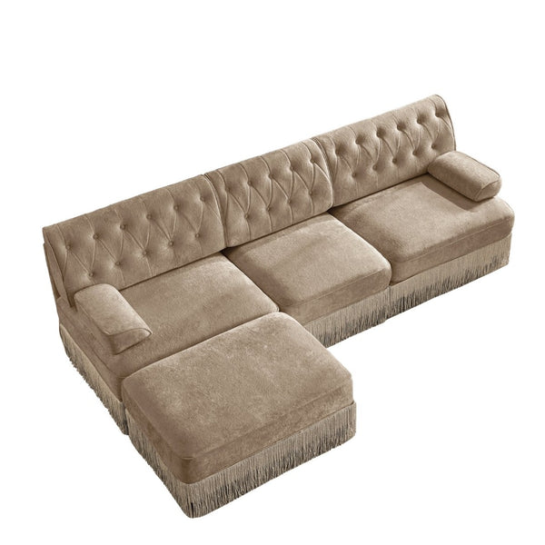 English Elm 3-seater Velvet Modular Sectional Sofa with Button Tufting Tassel Skirt Living Room Camel W714S01697