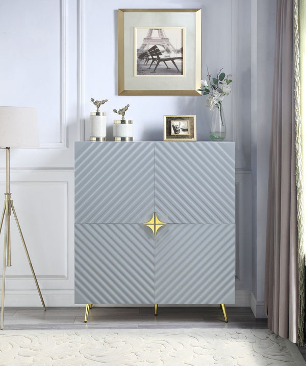 English Elm Gaines Gray High Gloss Accent Cabinet with Wave Pattern, Metal Legs, 4 Doors & Adjustable Shelves, Modern Storage Solution B2726P256305