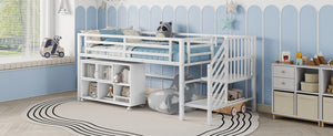 English Elm Twin Metal Loft Bed with Stairs and Six Storage Cubbies, Sturdy Metal Slat Support, Safe Low Design for Kids White 75.2 L x 17.72 W x 9.45 H W2593P305721