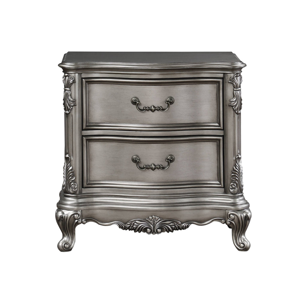English Elm Traditional Nightstand with Floral Decals and Rope Moldings, Crown Molding Accent, Charming Princess Appeal Antique Silver 21.5 L x 33.5 W x 33.5 H B2741P324368