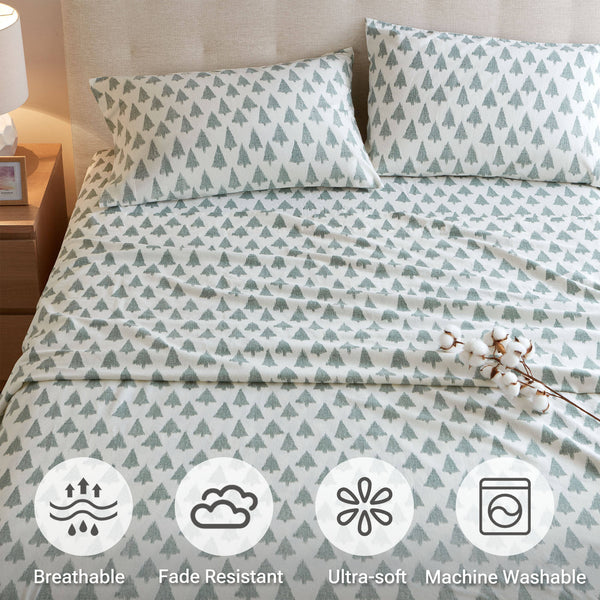 JLA Home True North by Sleep Philosophy - 100% Cotton Flannel Sheet Set — Brushed 160gsm Warmth, Breathable Comfort, Rustic Pine Print for Cozy Bedrooms Ikat tree TN20-0628