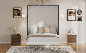 English Elm Rotating Queen Murphy Wall Bed with 14 Open Shelves Hydraulic Lift Space Saving White LP000962AAK