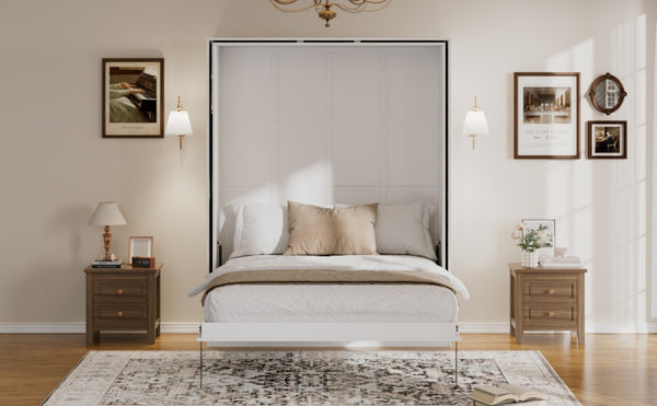 English Elm Rotating Queen Murphy Wall Bed with 14 Open Shelves Hydraulic Lift Space Saving White LP000962AAK