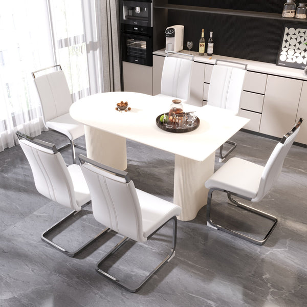 English Elm 63 Modern Cream Mdf Dining Table Set With 6 Armless Pu Chairs, Stylish & Durable For Any Space W2189S00432
