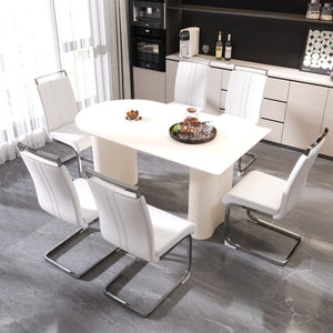 English Elm 63 Inch Cream Mdf Dining Table Set with Pu Chairs Silver Legs Modern 7 Piece W2189S00824