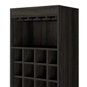 English Elm Illinois Bar Cabinet with 16 Bottle Cubbies, Glass Rack for 8, Cabinet & Open Shelf — Stylish, Ergonomic Storage B128S00031