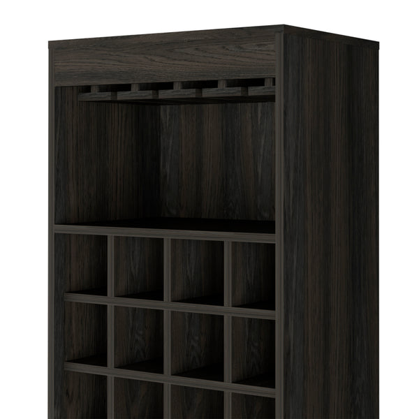 English Elm Illinois Bar Cabinet with 16 Bottle Cubbies, Glass Rack for 8, Cabinet & Open Shelf — Stylish, Ergonomic Storage B128S00031