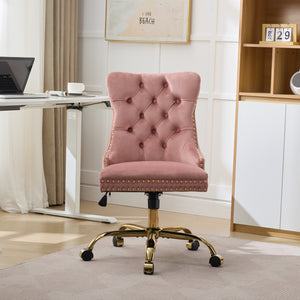 English Elm A&A Velvet Tufted Office Chair with Hand-Pulled Buttons, Nailhead Trim & Golden Metal Base, Luxe Comfort Pink W1143P292467