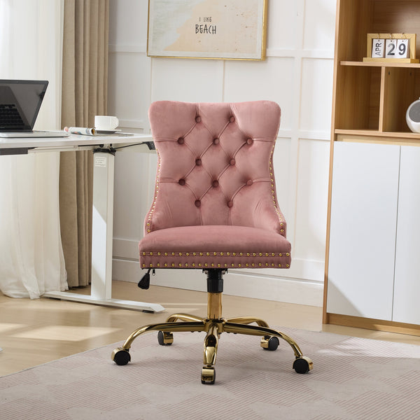 English Elm A&A Velvet Tufted Office Chair with Hand-Pulled Buttons, Nailhead Trim & Golden Metal Base, Luxe Comfort Pink W1143P292467