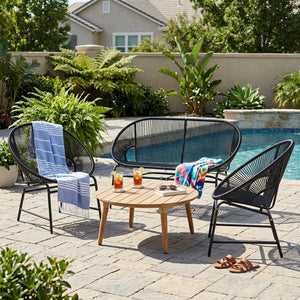 English Elm Nusa Outdoor Pe Rattan Conversation Set with Acacia Wood Coffee Table Patio Black,Natural NUSA4PCSET-BLK