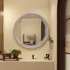English Elm Round Rattan Textured Wall Mirror Natural Woven Frame Bohemian Accent for Any Room W2295P414104