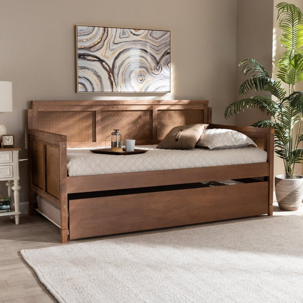 Baxton Studio Baxton Studio Toveli Vintage Daybed with Trundle, Ash Walnut Finish & Woven Rattan for Chic Comfort MG0015-Ash Walnut Rattan-Daybed-T/T