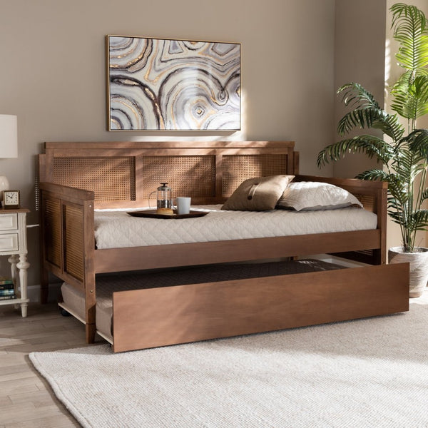 Baxton Studio Baxton Studio Toveli Vintage Daybed with Trundle, Ash Walnut Finish & Woven Rattan for Chic Comfort MG0015-Ash Walnut Rattan-Daybed-T/T