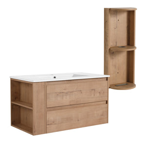 English Elm 36" Wall-Mounted Bathroom Vanity With Ceramic Sink, Dual Soft-Close Drawers & Side Rack Storage, Durable KD Packing W999S00344