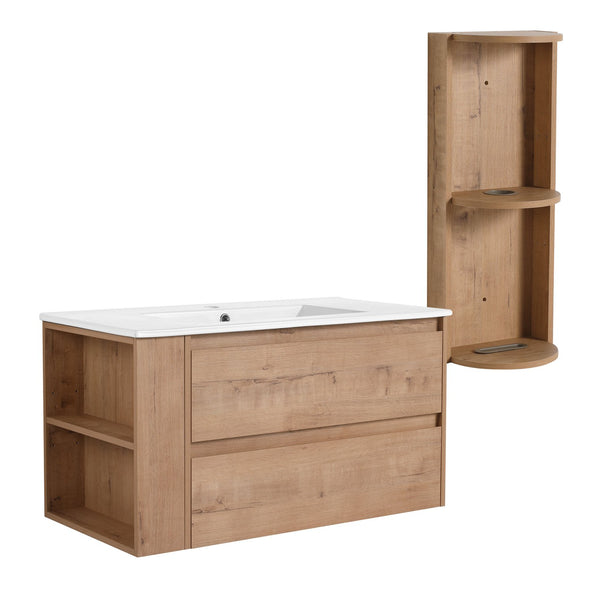 English Elm 36" Wall-Mounted Bathroom Vanity With Ceramic Sink, Dual Soft-Close Drawers & Side Rack Storage, Durable KD Packing W999S00344