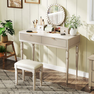 English Elm Luxury Vanity Desk with Sunflower Mirror, Height-Adjustable Makeup Table, 4 Drawers & Stool for Organized Glam Champagne N844P262897C