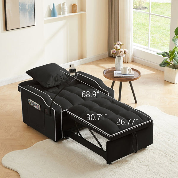 English Elm Sleeper Sofa Chair Velvet Convertible Armchair with Usb Charging for Small Spaces Black W1359P458672