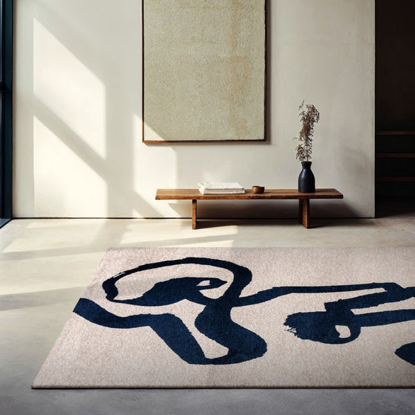 Louis de Poortere Craft Collection Ribbon Calligraphy Inspired Area Rug Bold Textured Pile for Living Rooms Sea Ink 7'9 x 11'2 120323