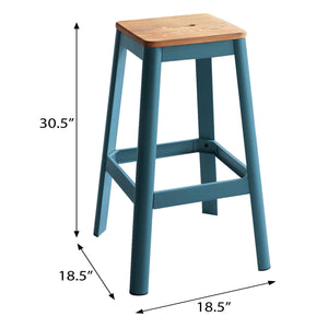 English Elm Natural Farmhouse Teal Armless Bar Stool with Cut-Out Handle, Solid Pine Seat and Metal Crossbar Support B062P186544