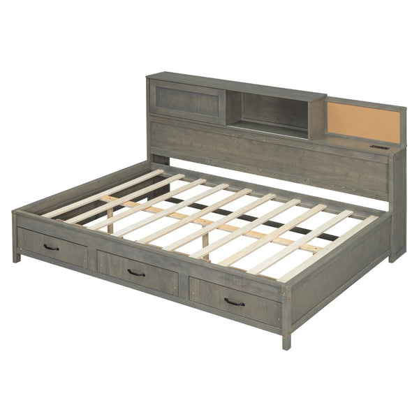 English Elm Full Size Gray Wood Daybed with Storage Drawers Shelf Usb Charging Upholstered Back LP002025AAE-1