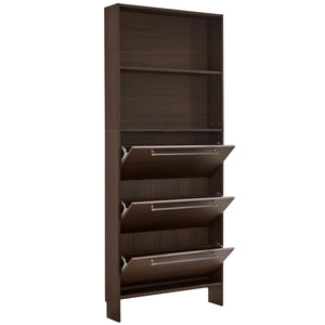 English Elm 12 Pair Shoe Organizer with Top Storage and Slim 78.75" Tall Cabinet, 3 Flip Drawers, Hooks, Sturdy Handles Walnut N845P261766D