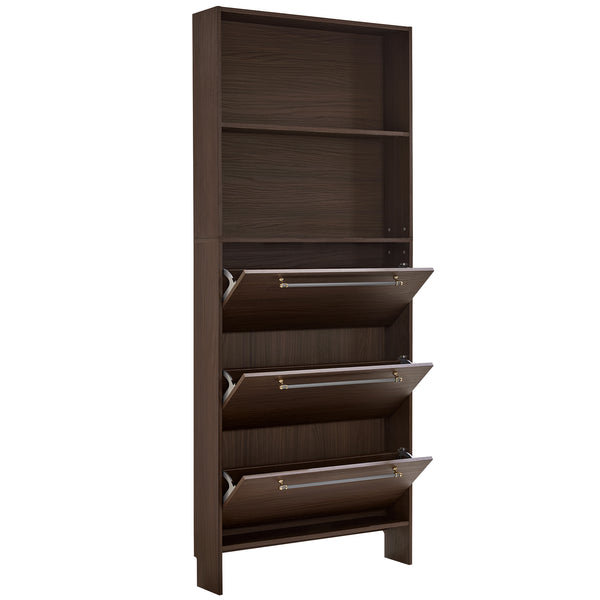 English Elm 12 Pair Shoe Organizer with Top Storage and Slim 78.75" Tall Cabinet, 3 Flip Drawers, Hooks, Sturdy Handles Walnut N845P261766D