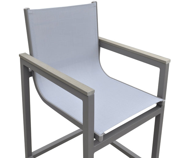 English Elm Noverra Gray Outdoor Patio Barstool – Lightweight Aluminum Frame, Wood Accent Arms, UV‑Resistant Sling B2736P268521