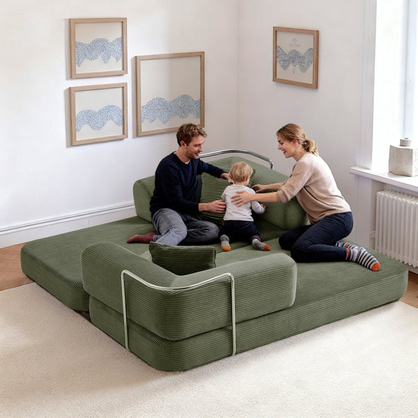 English Elm Floor Sofa Bed Modular Corduroy Convertible Lounge with Steel Frame for Living Room Antique Green W3565P397194