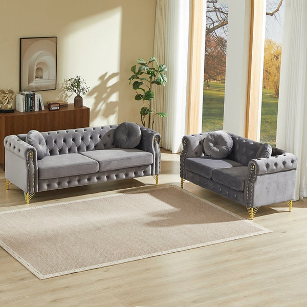 English Elm Velvet Chesterfield Tufted Sofa with Copper Stud Trim and Gold Legs for Glam Living Grey W834S00627