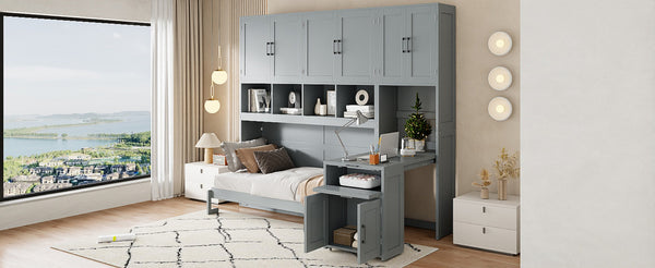English Elm Twin Murphy Wall Bed with Integrated Closet Drawers and Desk for Studio Spaces Gray LP000595AAE-1