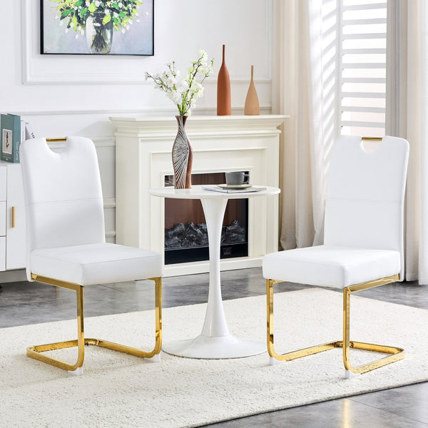 English Elm Modern Cantilever Gold Frame Pu Leather Dining Chairs Glam Set of Four White W3875P372993