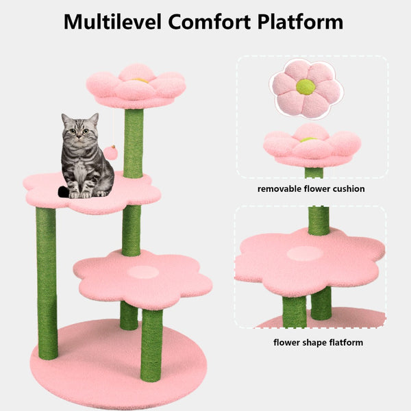 English Elm Cat Tree Daisy Floral Multi Level Climbing Tower with Sisal Posts and Plush Perch Pink W243P451255