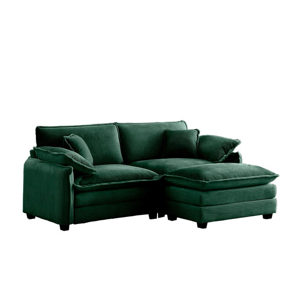 English Elm Two-Seater Sofa With Ottoman - Stylish L-Shaped Green Corduroy Couch For Small Spaces & Comfort W714S00730-GIGA
