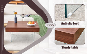 English Elm Walnut Square MDF Coffee Table 31.5"x31.5" with Tempered Glass Legs, Thick 4" Top, Anti-Slip Pads W1151P233512