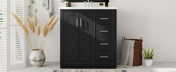 English Elm 30'' Bathroom Vanity With Ceramic Sink - Retro Freestanding Storage Cabinet, Soft-Close Drawers & Doors N710P191947B