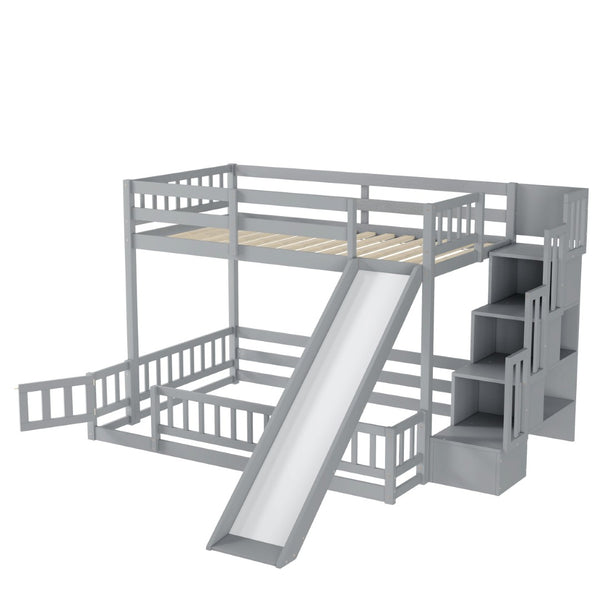 English Elm Twin Over Full Bunk Bed Solid Pine Frame with Built-in Slide and Storage Staircase Grey W504S00289
