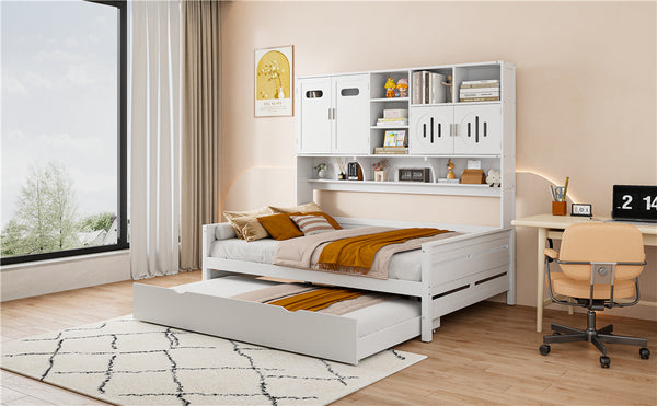 English Elm Full Size Wooden Daybed With Twin Trundle, Integrated Storage Cabinet & Stylish White Finish N820S00027K