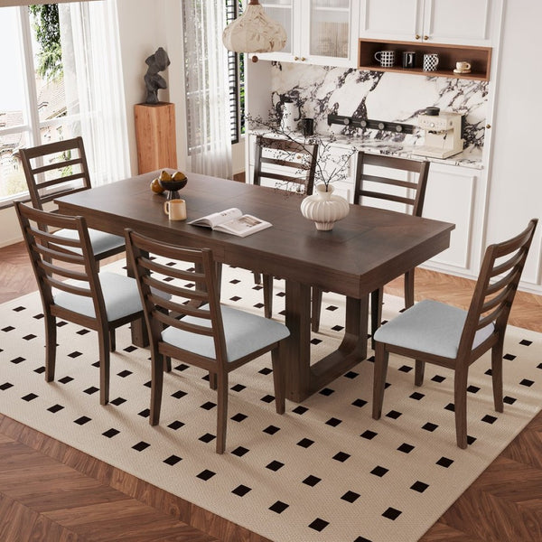 English Elm 7 Piece Farmhouse Dining Set Oak Veneer Extendable Table Six Upholstered Chairs Beige,Walnut N752S000090D-1
